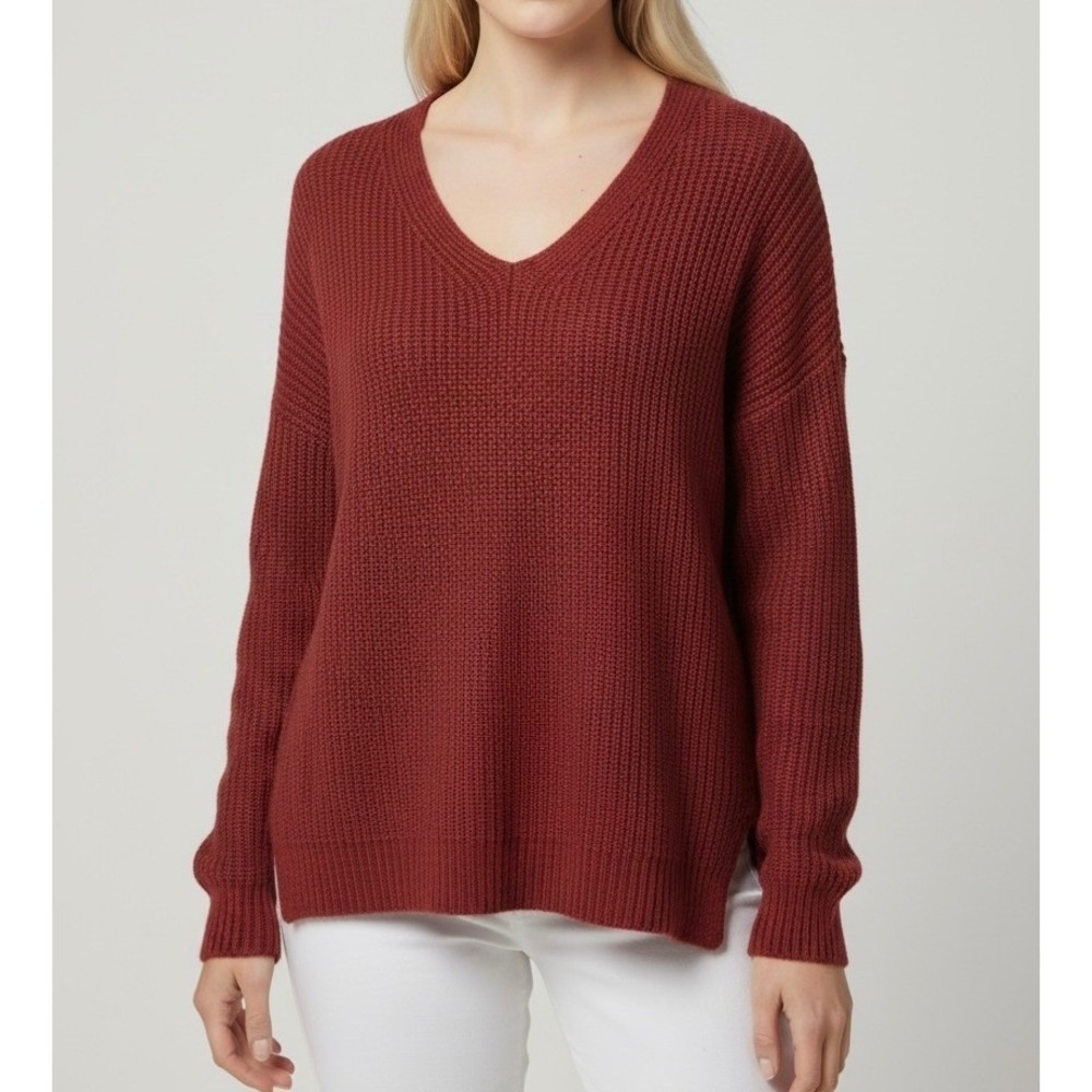 LL Bean Womens Shaker Stitch V-Neck Cotton Pullover Sweater Terracotta Pink M